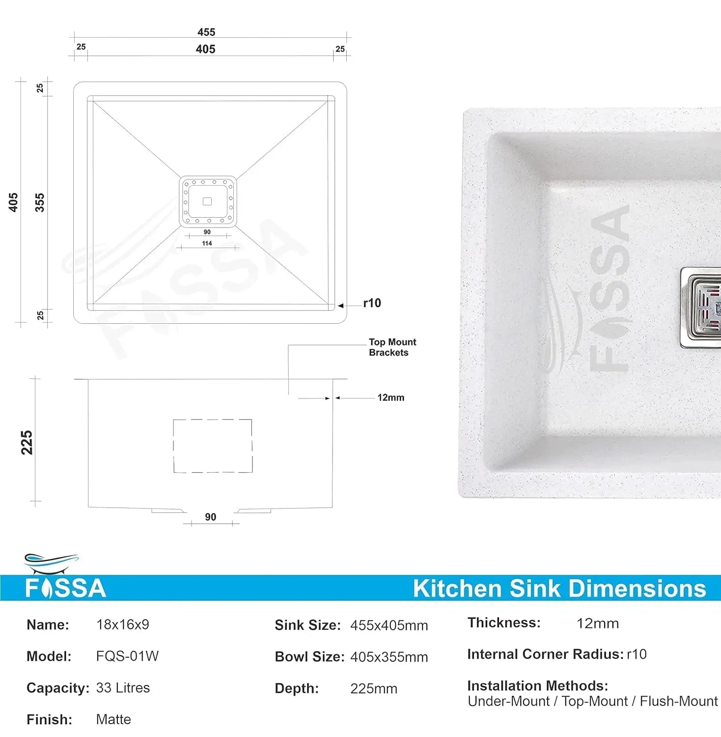 Fossa 18"x16"x09" Quartz Single Bowl Kitchen Sink | White Non-fading Colour with UV Protection | Natural Stone Quartz/Granite Sink with Sink Coupling, Waste Pipe & Strainer Basket
