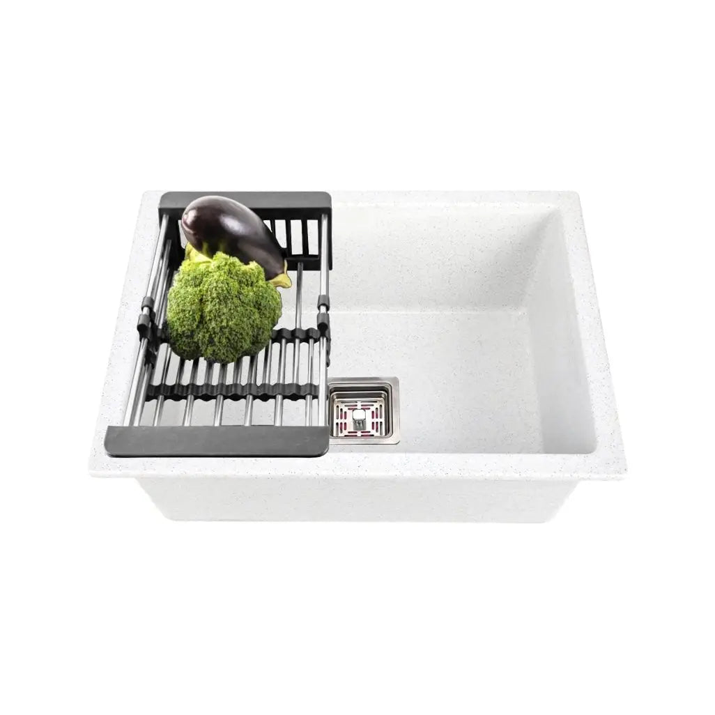 Fossa 18"x16"x09" Quartz Single Bowl Kitchen Sink | White Non-fading Colour with UV Protection | Natural Stone Quartz/Granite Sink with Sink Coupling, Waste Pipe & Strainer Basket