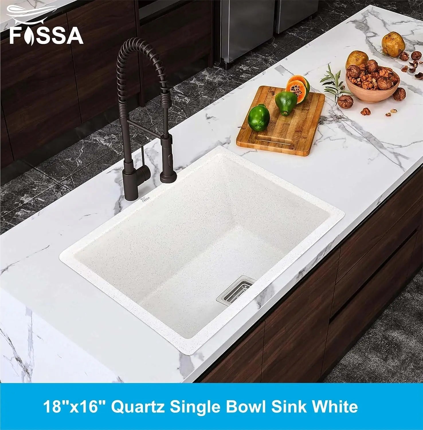 Fossa 18"x16"x09" Quartz Single Bowl Kitchen Sink | White Non-fading Colour with UV Protection | Natural Stone Quartz/Granite Sink with Sink Coupling, Waste Pipe & Strainer Basket