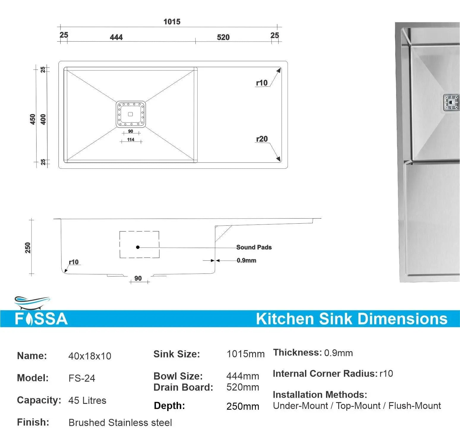 Fossa 40"x18"x10" Inch Single Bowl With Drain Board Premium Stainless Steel Handmade Kitchen Sink Matte Finish