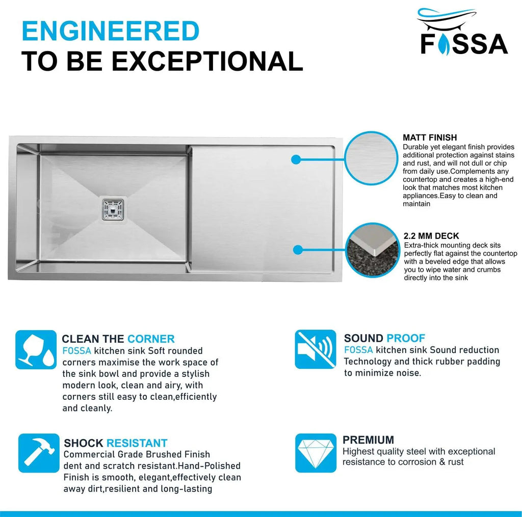Fossa 40"x18"x10" Inch Single Bowl With Drain Board Premium Stainless Steel Handmade Kitchen Sink Matte Finish