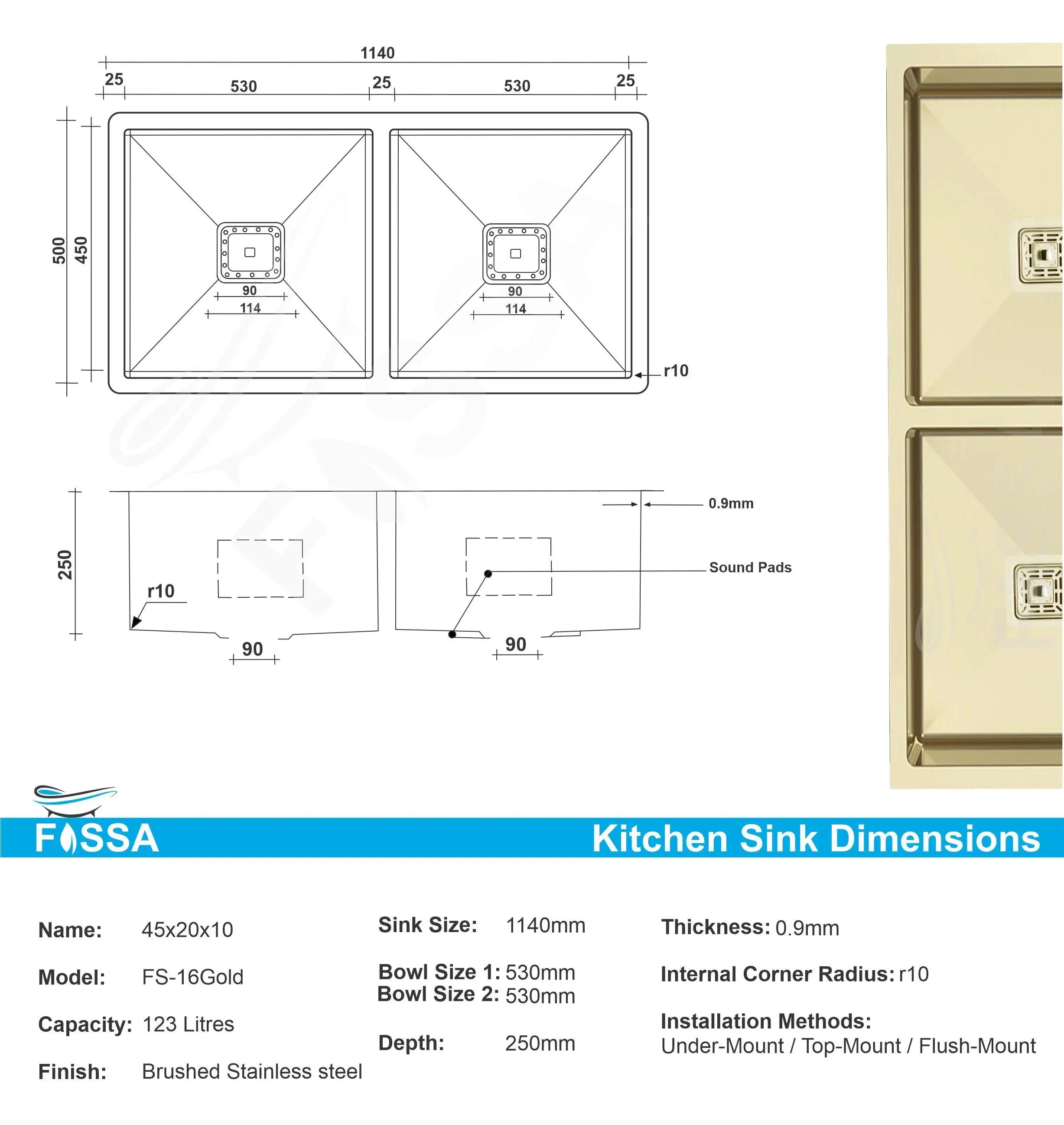 Fossa 45"x20"x10" Inch Double Bowl Premium Stainless Steel Handmade kitchen Sink Gold